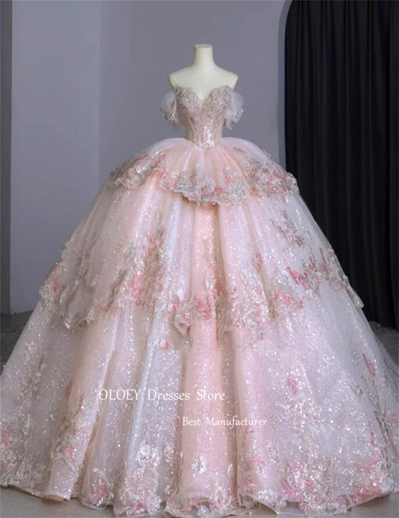 OLOEY Sparkly Princess Pink 3D Flowers Wedding Dresses Korea Photoshoot Off Shoulder Tulle Ball Gowns Bride Gowns Party Evening