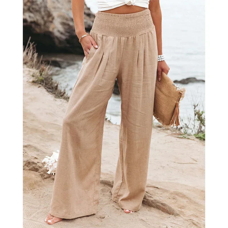 

2023 New Women Pants Office Lady Cotton Linen Pockets Solid Loose Casual White Wide Leg Long Trousers Spring Summer for Women