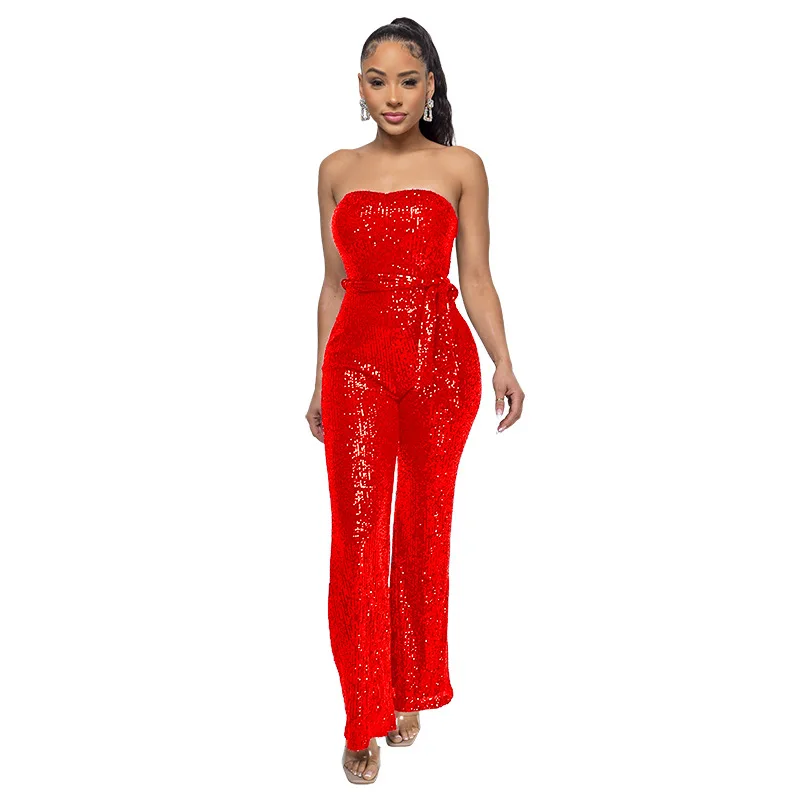 

Strapless jumpsuit with sequins for women, sleeveless jumpsuit with transparent suspender, new spring, summer and autumn