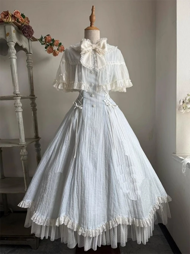 

French Elegant Sweet Lolita Dress Women Bow Lace Patchwork Princess Party Dresses New Slim Fashion Hepburn Clothing Summer 2025