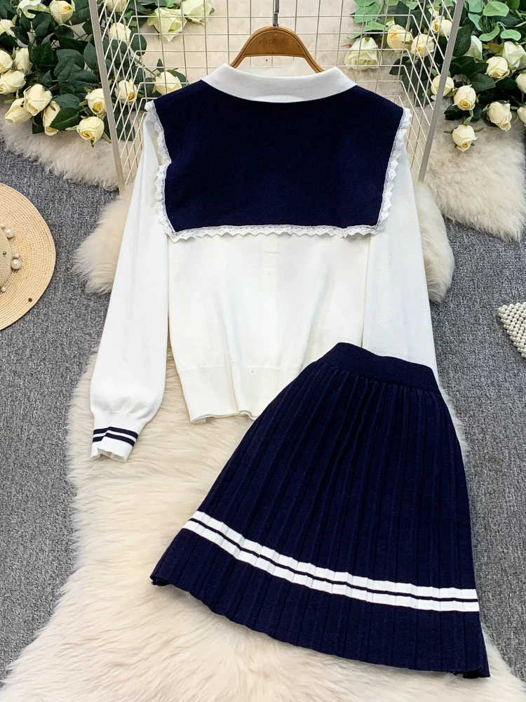 College style sweet lace-up lapel collar single breasted knitted top+high waist slimming striped pleated skirt two-piece set