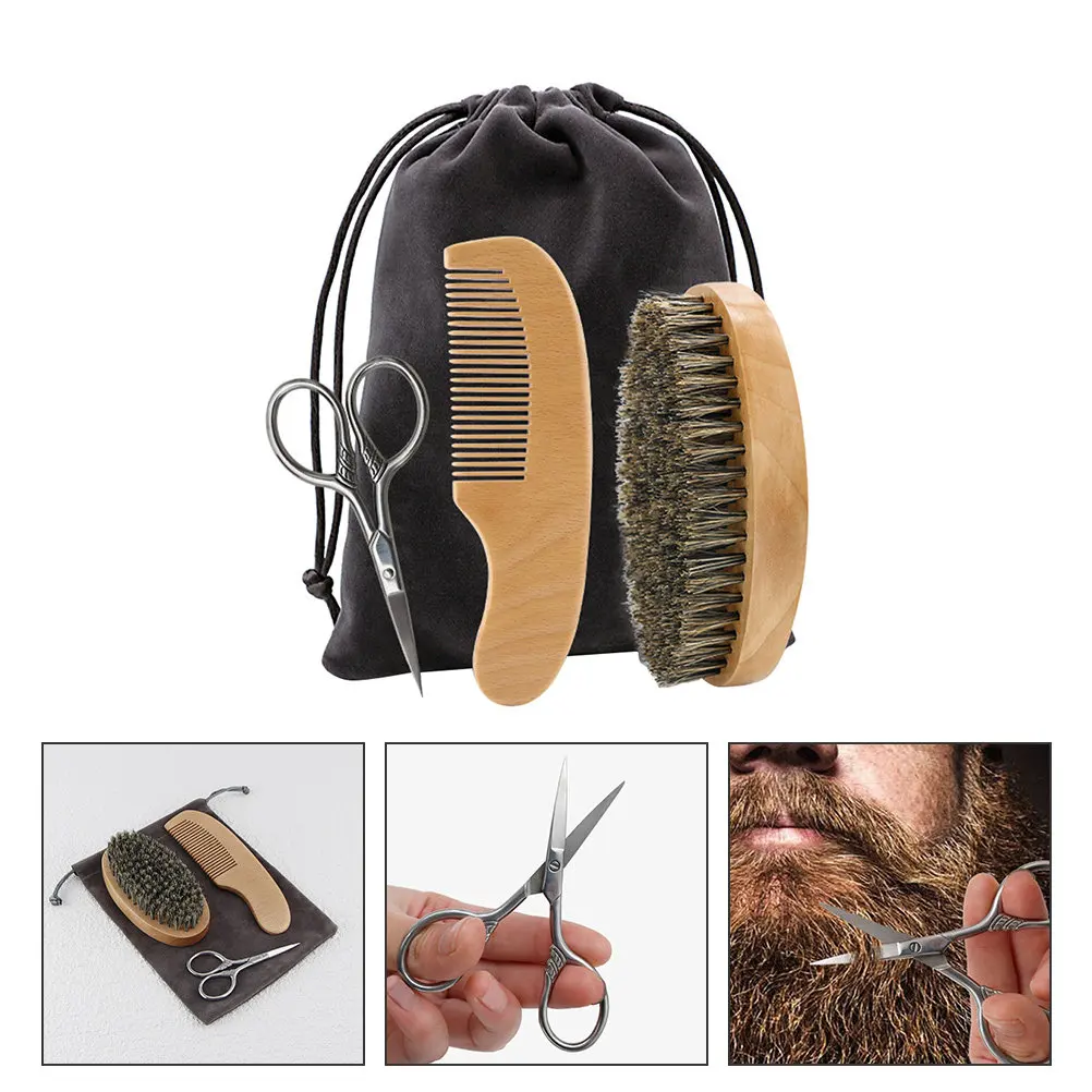 Set de Estilización de Barba, Kit de Cuidado Personal para Hombre con Peine de Madera de Haya Natural, Cepillo de Cerdas Suaves, Tijeras de Precisión y Bolsa de Transporte Compacta