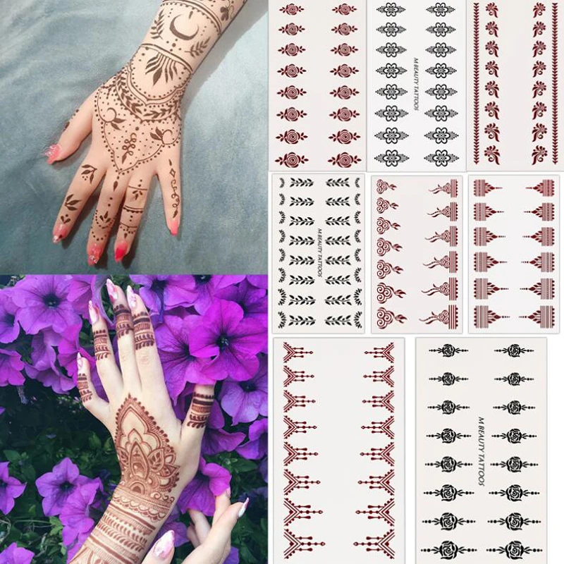 Finger Tattoo Stickers Decals 3D Henna Lace Black Brown Hand Tattoo Decorations Boy Art Tattoos Temporary Transfer False Tattoo