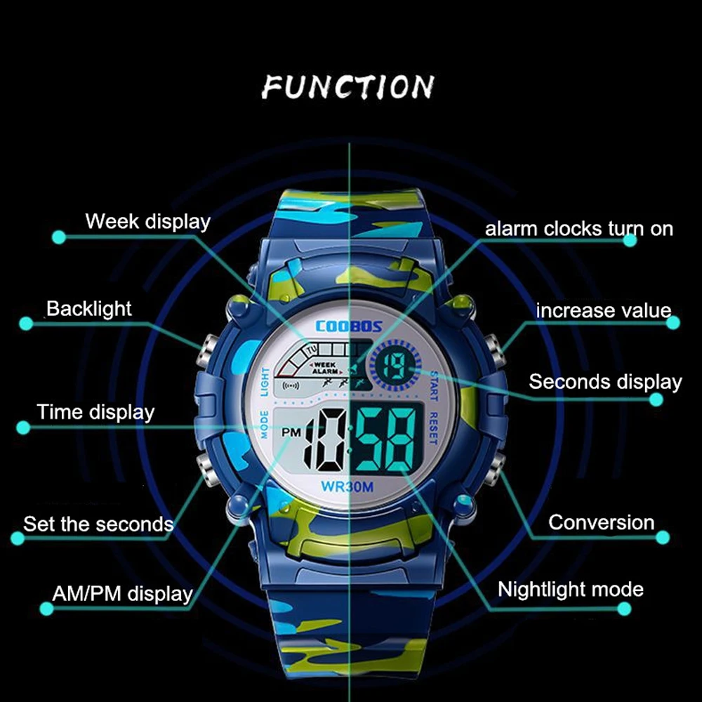 Camouflage Military Kids Sport Watches Waterproof Electronic Wristwatch Stop Watch Clock Children Digital Watch for Boys Girls