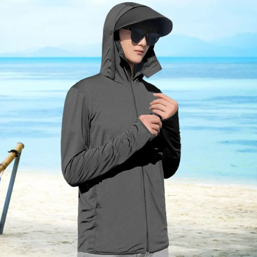 Men Summer Sunscreen Coat Hooded Thin Breathable Pocket Anti-UV Sun Protection Solid Color Long Sleeves Sun Protection Clothing