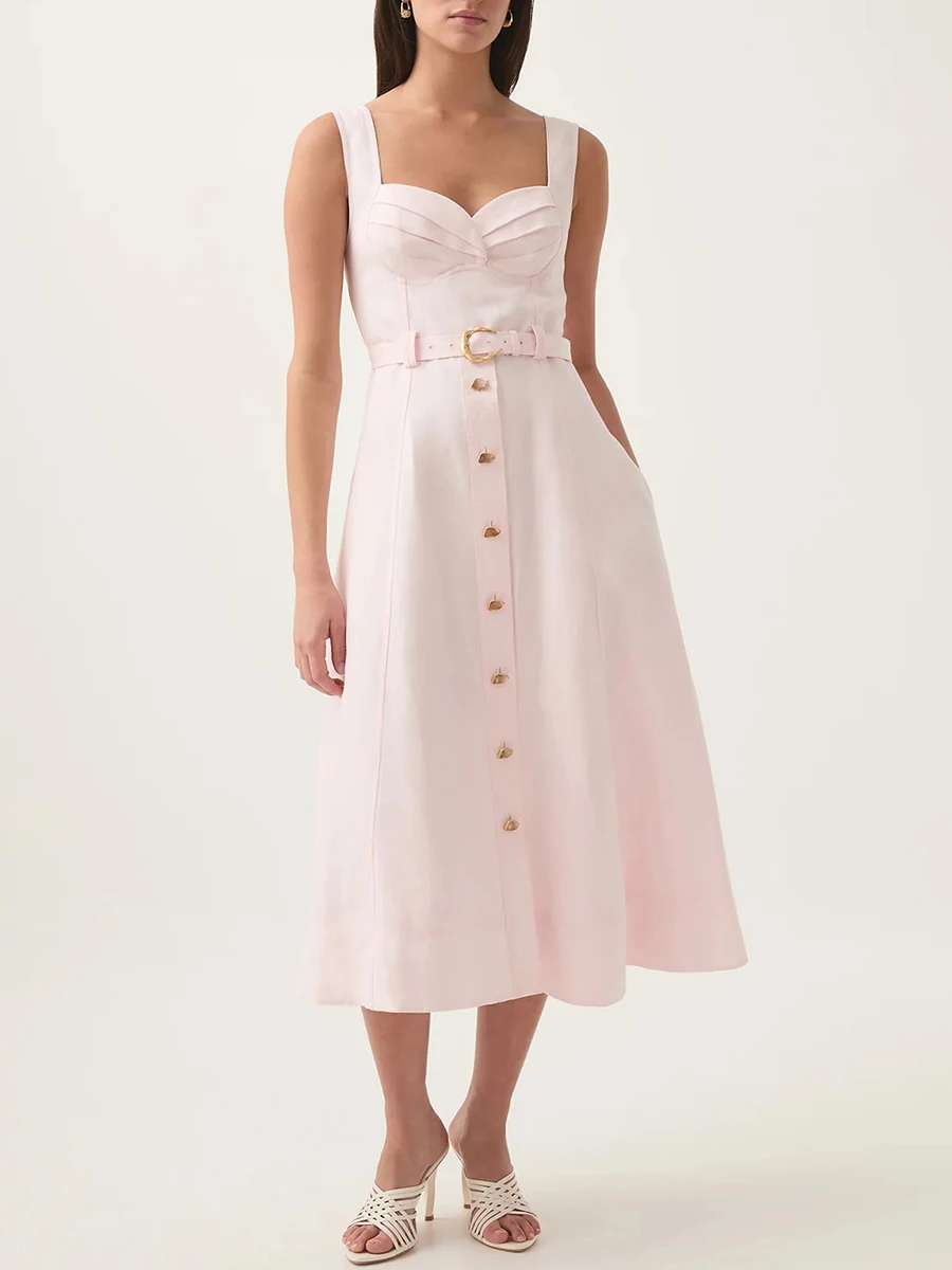 VGH Elegante Soild Jurken Voor Vrouwen Vierkante Kraag Mouwloos Hoge Taille Afslanken Temperament Een Lijn Jurk Vrouwelijke Mode Kleding