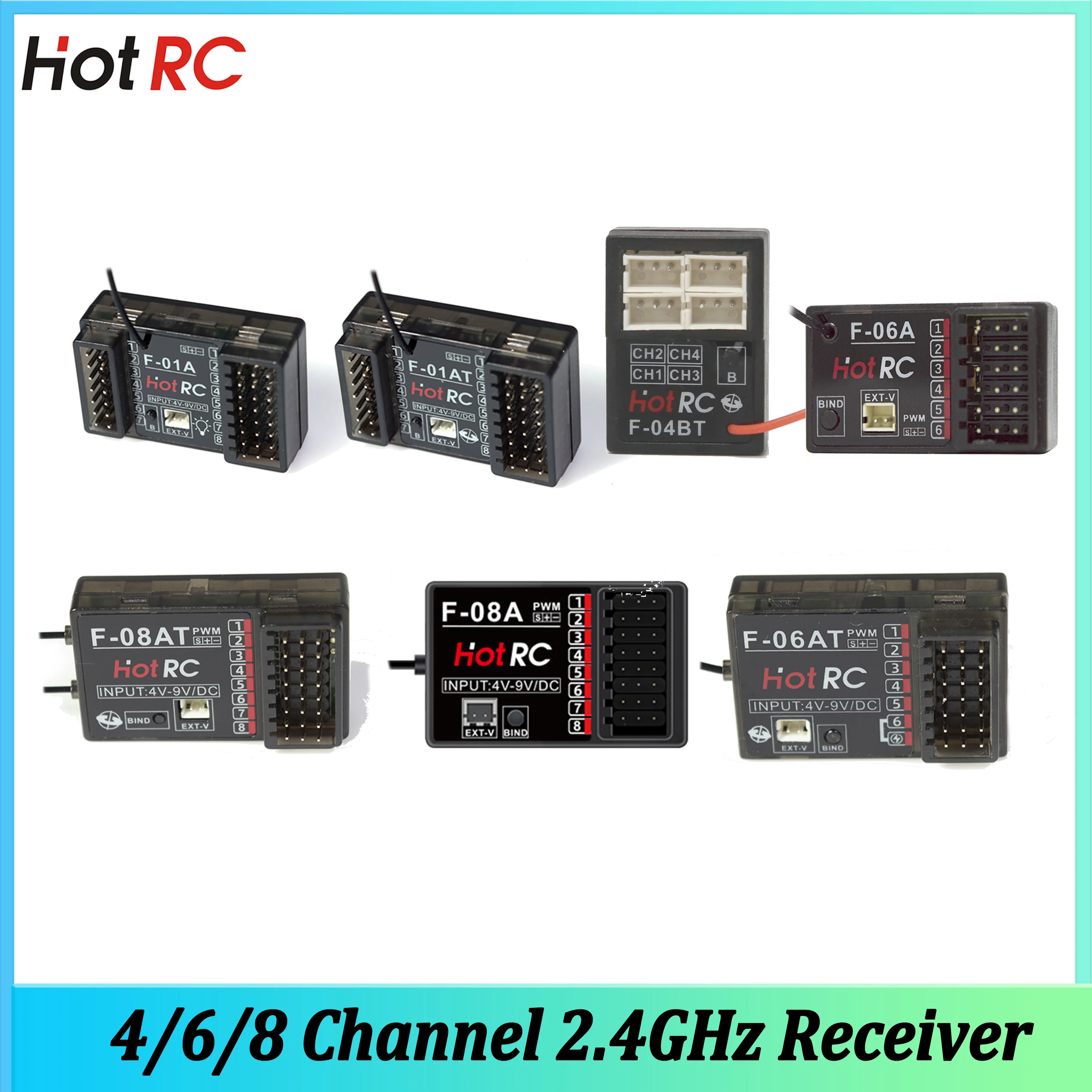 HOTRC 4/6/8 Channel 2.4GHz F-06AT F-08AT F-01AT F-04BT Gyro Receiver Voltage Return for RC Car Boat CT-10B CT-6A Transmitter