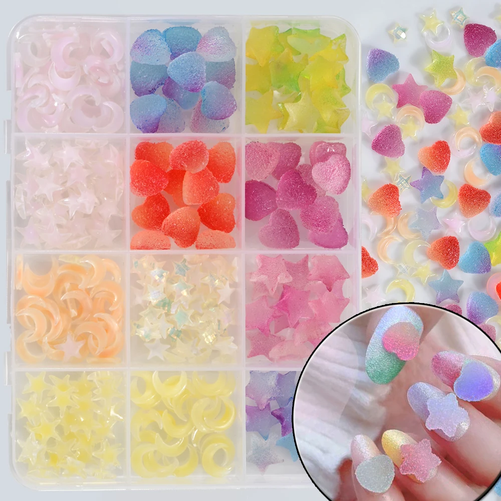 

12 grids/Box Colorful Candy Mixed Nail Art Charms 3D Candy Heart/Star/Moon Nail Parts Macaron Fudge Hearts Nail Decorations Kits