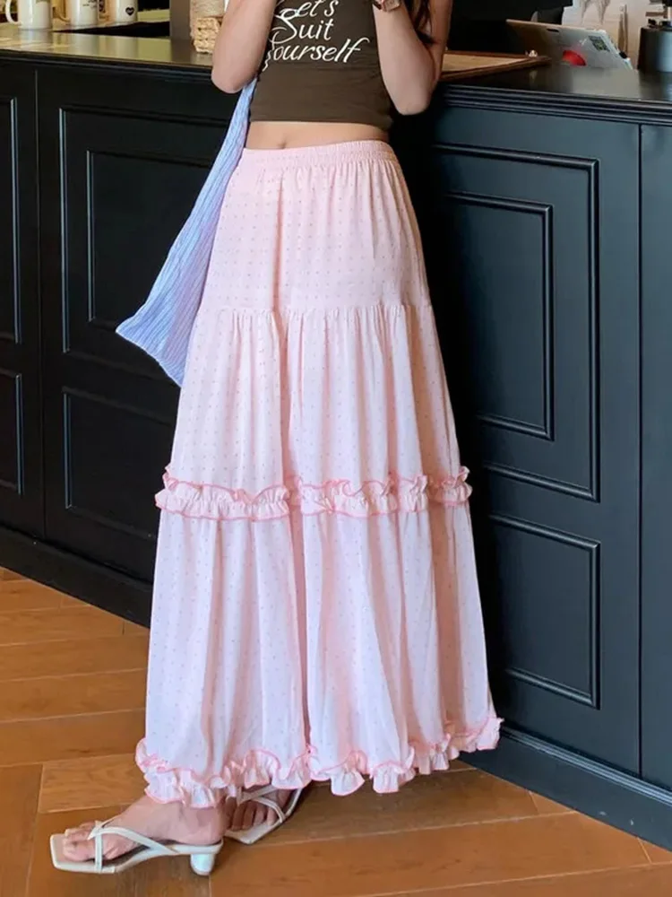 

Sweet Pink Dot Long Skirt Women Fashion Preppy Style Cute Ruffles Skirts Korean Chic High Waist Loose Lady Elegant Long Skirts