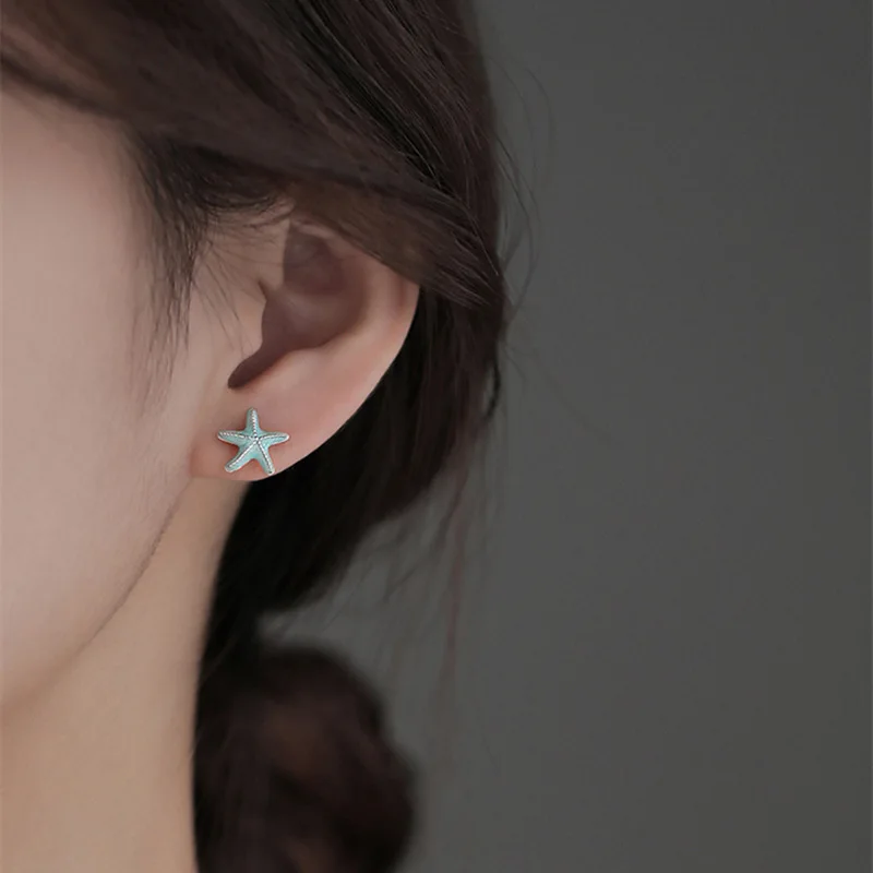 

Fashion S925 Sterling Silver Blue Starfish Shell Shaped Earrings for Women Ear Studs Fine Jewelry Sweet Girls Gifts