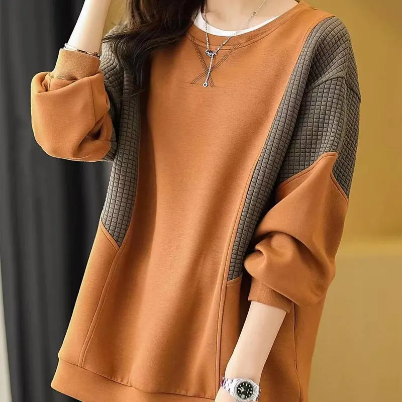 Korean Patchwork Loose Sweatshirts Women\'s Clothing Casual Round Neck 2023 Spring Autumn Fashion Solid Color All-match Pullovers