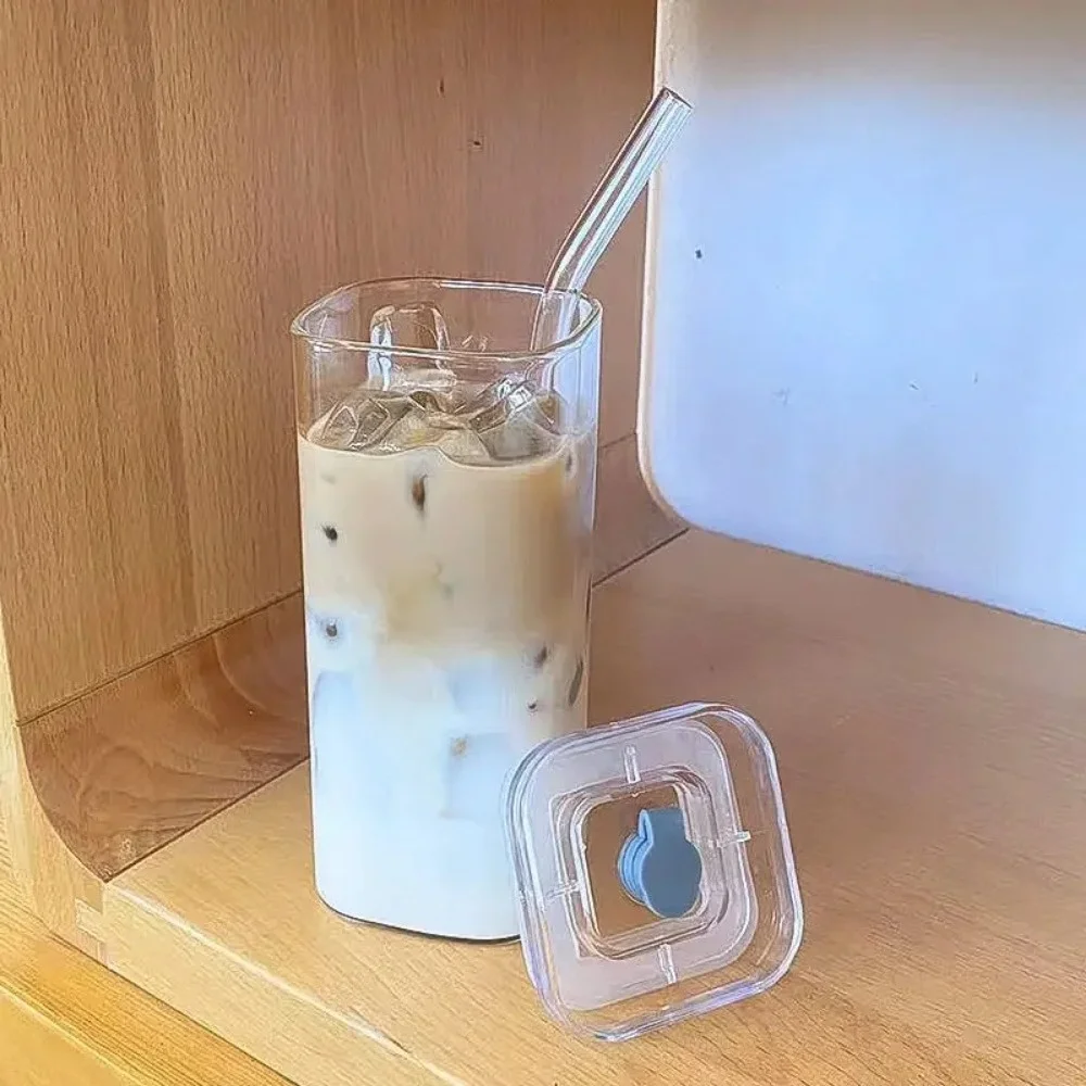 Square Heat Resistant Coffee Glass Cup With Lid and Straw 1pc Heat Resistant Glass Cup For Milk Tea Juice Iced Coffee & Smoothie