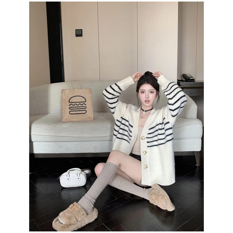 Preppy Style Loose Striped Sweater Women Autumn Winter Long Sleeve Knitting Cardigan Coat Fashion All-match Trend Knitwear Tops