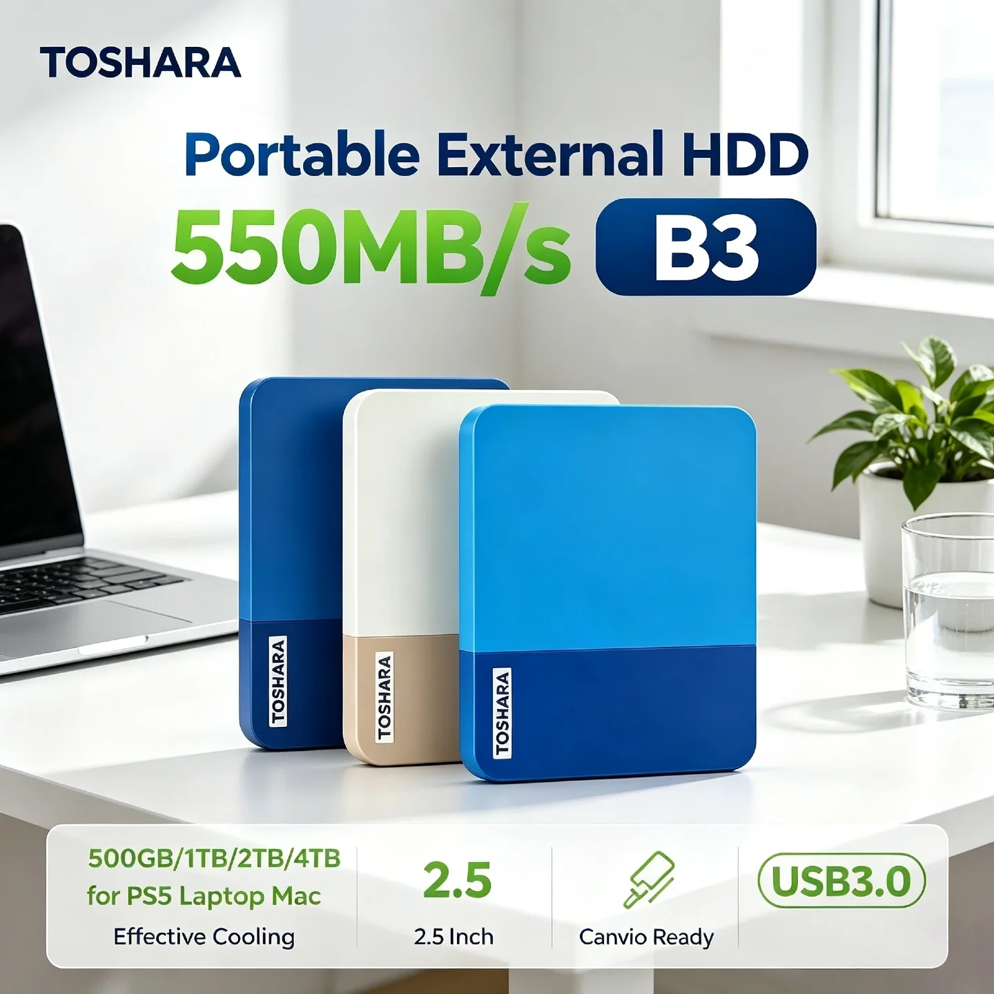 TOSHARA B3 High Speed Reliable Storage 550MB/s 4TB 2TB 1TB 500GB Portable External Hard Drive for PS5 Laptop Mac Fast Transfer
