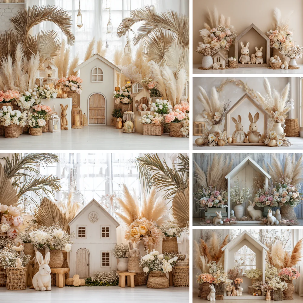 

Photography Backdrop Boho Wall Easter Little Rabbit Girl Birthday Party Pampas Grass Window Curtain Decor Photo Background