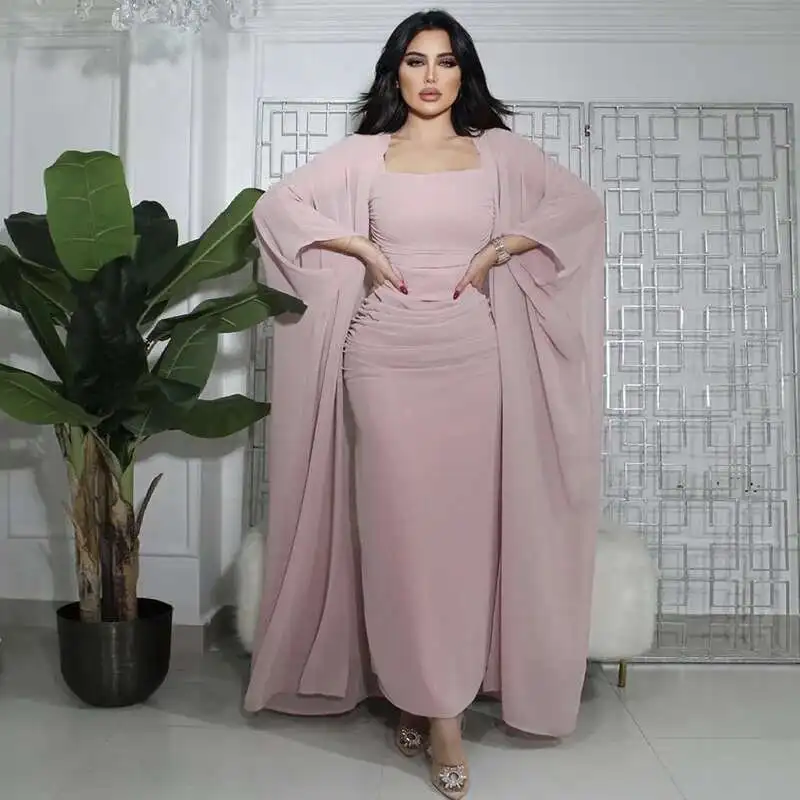 

New Fashionable and Soft Pink Slim Fit Dress Loose Outer Two Piece Women's Wear Robe Abaya Ramadan Dubai Luxury Islam Elegant