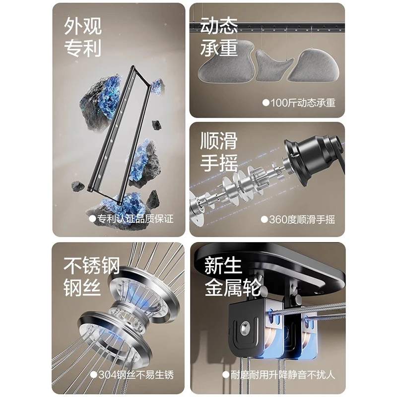 رف تجفيف الرفع، شرفة منزلية، عمود مزدوج، قضيب تجفيف الملابس مكرنك يدويًا، رف تجفيف يدوي داخلي، يمكن تجفيف اللحاف #5