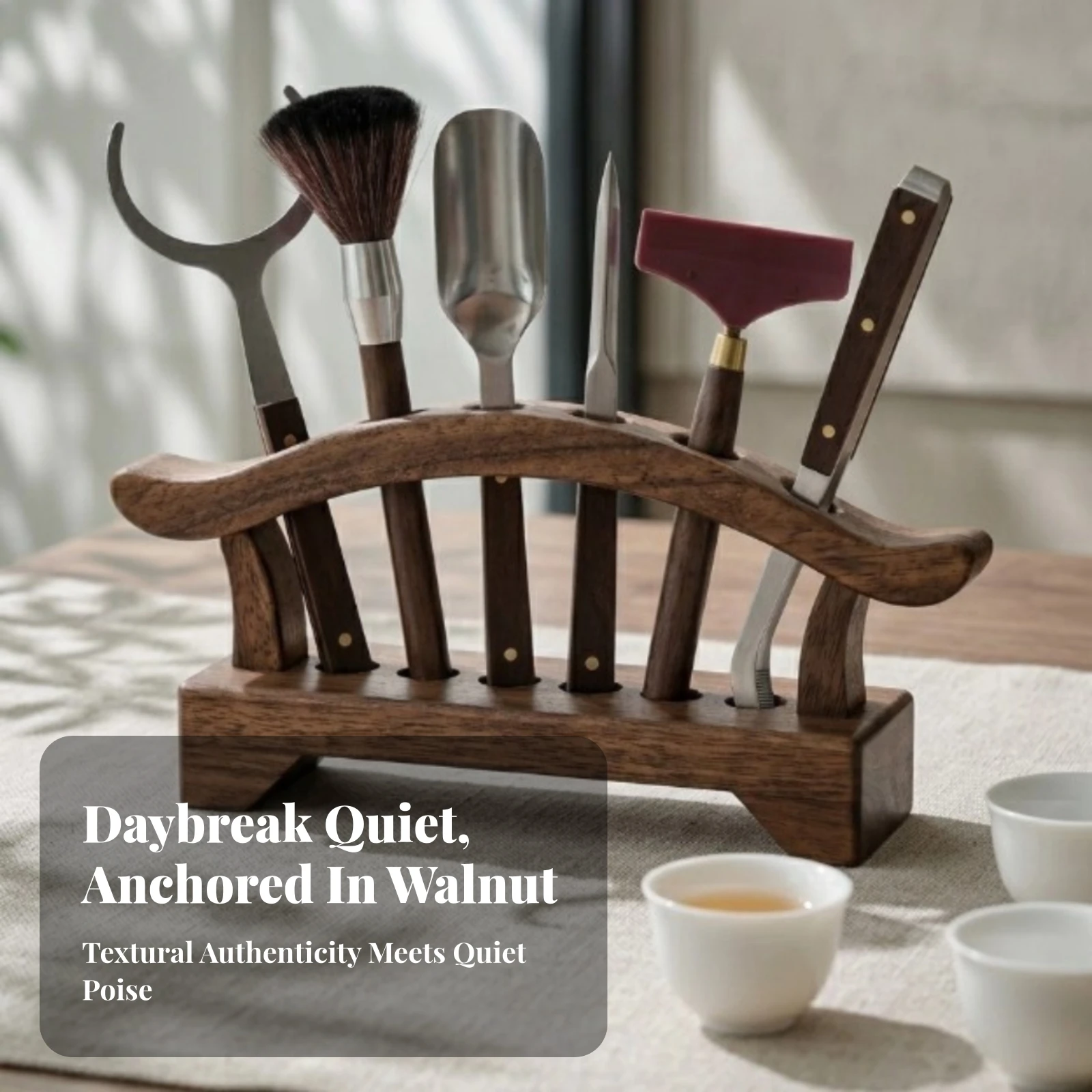 Tea Utensil Storage Rack Low-Silhouette Wooden Rack with Circular Holes