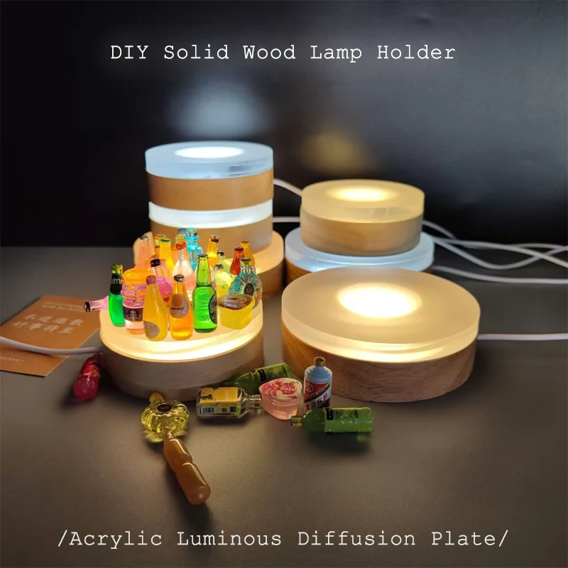 8/10CM Acrylic Diffusion Board Wood Luminous Lamp Holder Glass Crystal Art Display Stand USB Interface LED Night Light Base