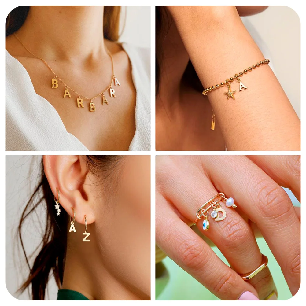 Encantos do alfabeto 18K banhado a ouro pingente de aço inoxidável, 26 Letras, Pulseira, Colar, Jóias DIY Fazendo Acessórios, 52Pcs