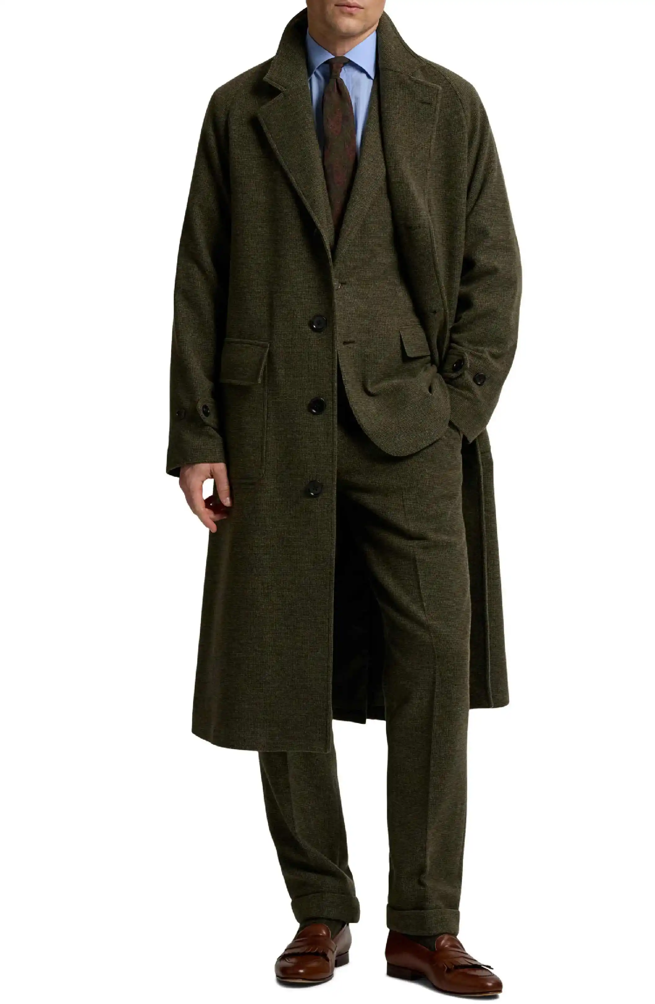 Vintage 3 Pieces Men Long Overcoat Notched Lapel Single Breasted Jacket Blazers Wool Blend Winter Customized Coat