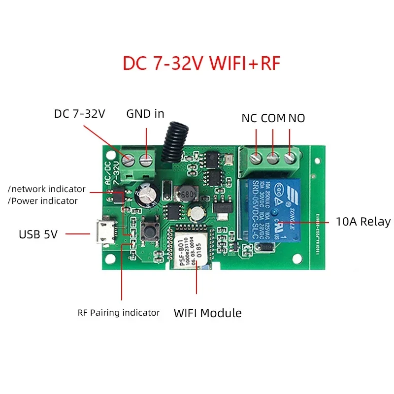 Ewelink 7-32V 1CH RF WiFi Smart Switch Module Relay Motor Timing Wireless 433 Remote Control Compatible Alexa