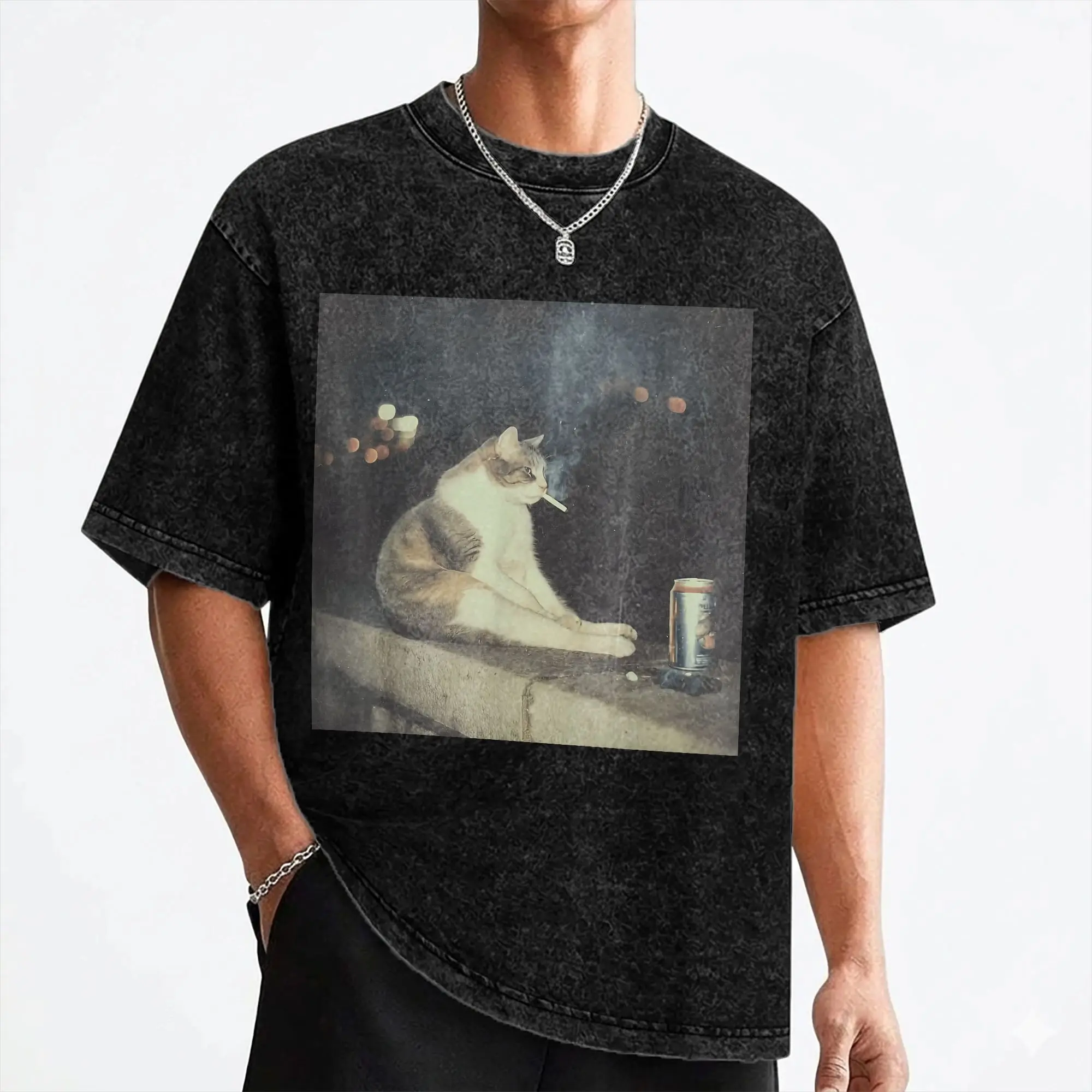 Cat Smoking Cigarette Cute Kitten Meme T Shirt Washed Cotton Oversize T-Shirts for Men Women Streetwear Printed Tops Tees