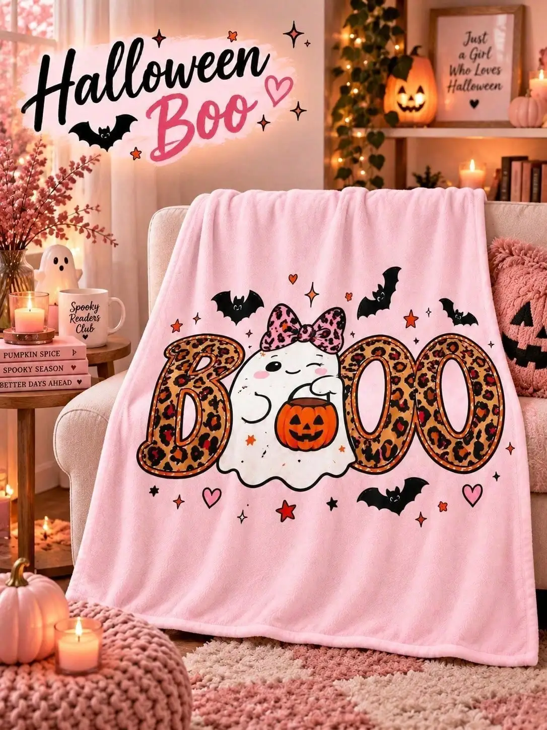 Halloween Flannel Blankets & Throws Boo Ghost Pumpkin Bat Leopard Heart Sparkle Sofa Bed Nap Couch Home Decor Living Room Bedroom Reading Lounge Guest Space Dorm Travel Party Gift For Family Friends Thanksgiving Christmas Anniversary Birthday