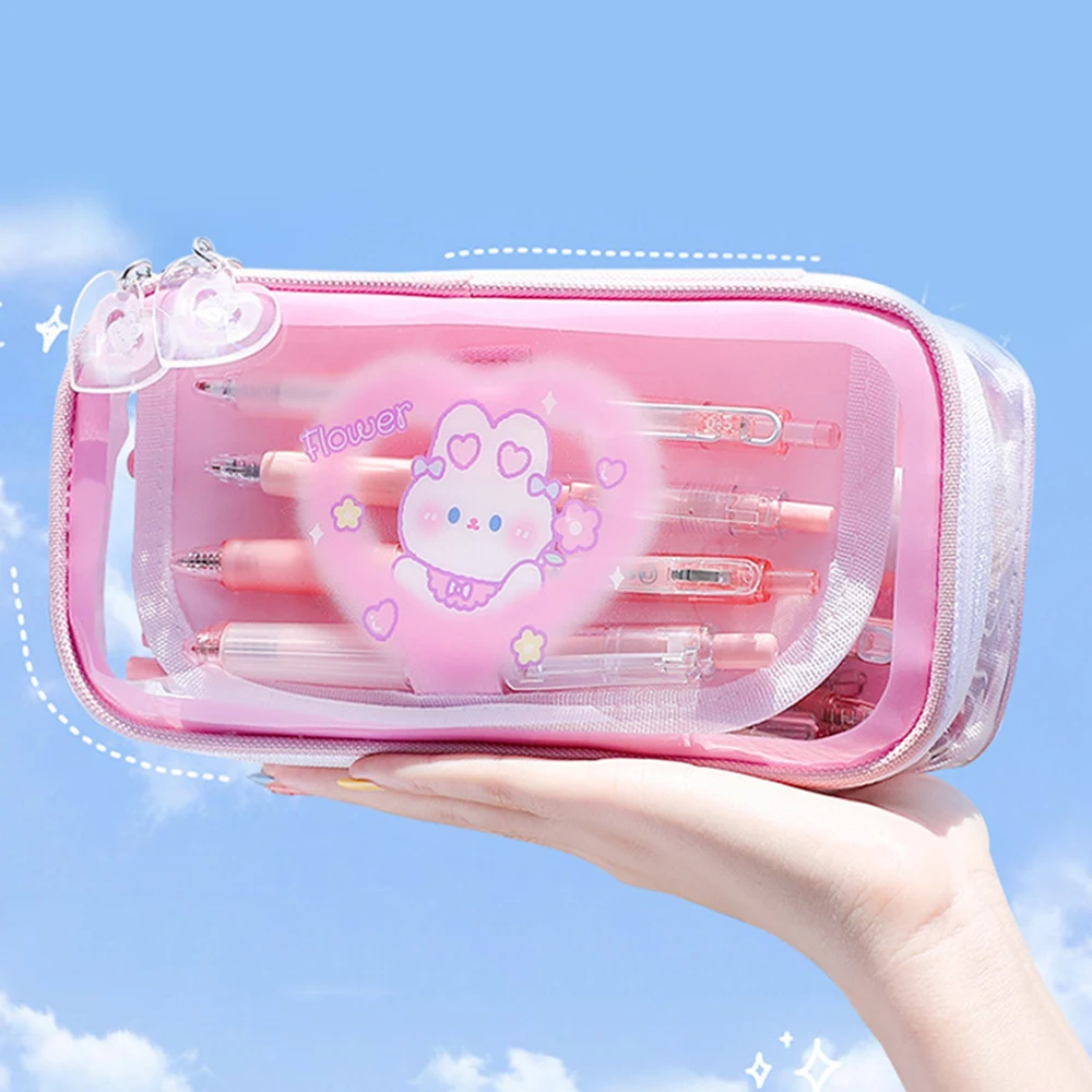 Large Capacity Cartoon Pencil Case Transparent Cosmetic Bag Waterproof Pen Case Cute Rabbit Student School Stationery Pencil Bag