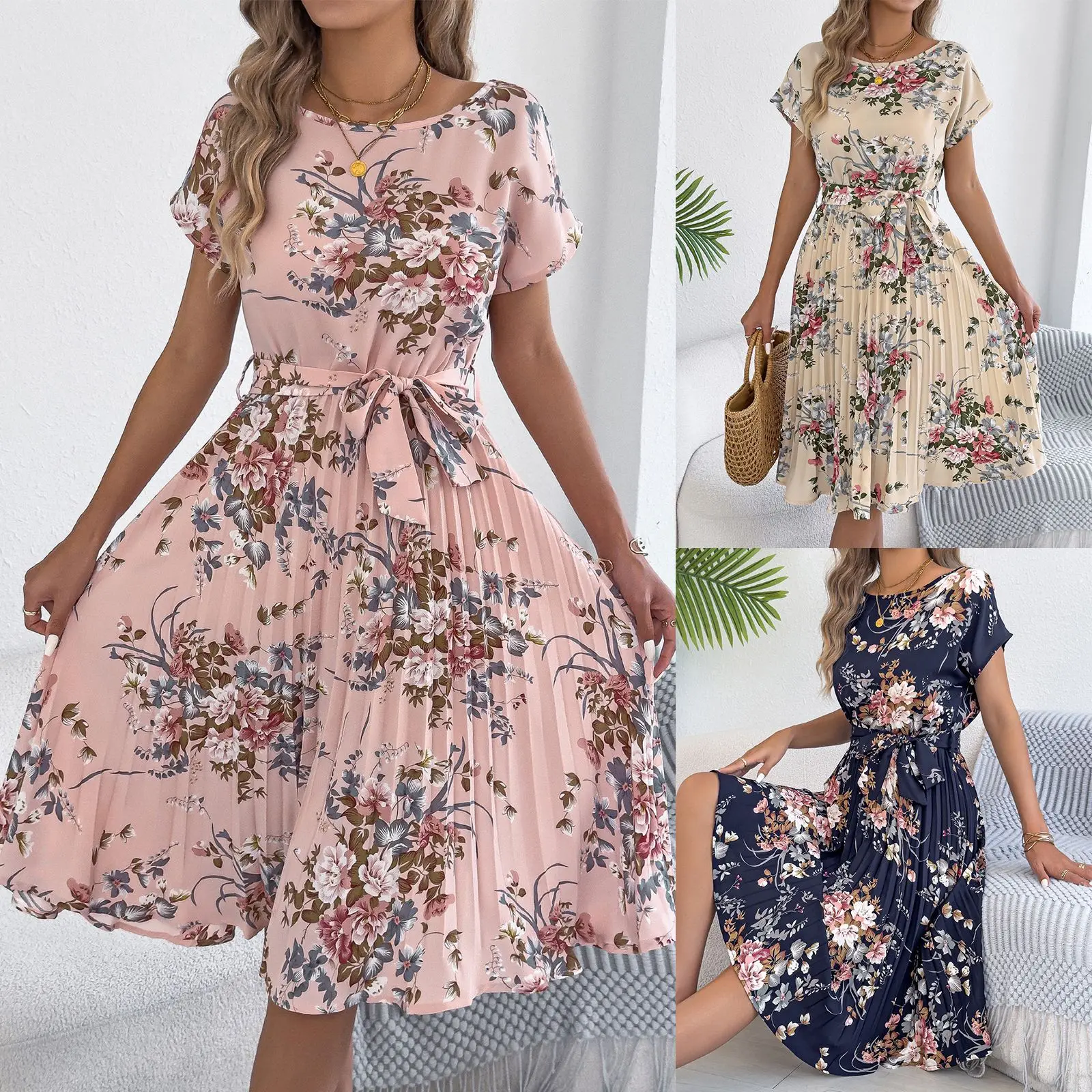 

2026 Spring/Summer Elegant Floral Batwing Sleeve Tie-waist Pleated Dress Women's Clothing