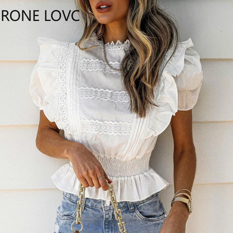 

Women Chic Solid Short Sleeves Flying Sleeves Lace Hemwhite Working Blouse Top