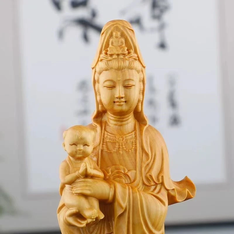 Wood Carving Figurines Songzi Guanyin Bodhisattva Small Buddhist Buddha Statue Room Decor Desk Decor Ornaments Home Decoration