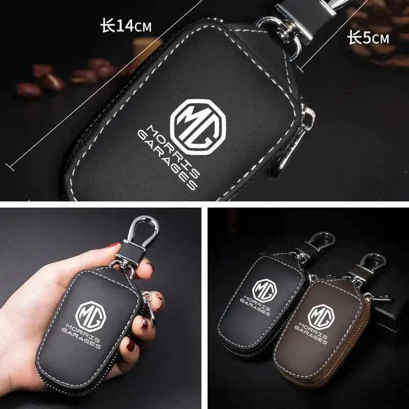 Genuine Leather Zipper Car Key Case With Keychain For MG ZS EV HS GT One, Auto Smart Remote Key Protective Cover Pouch Interior