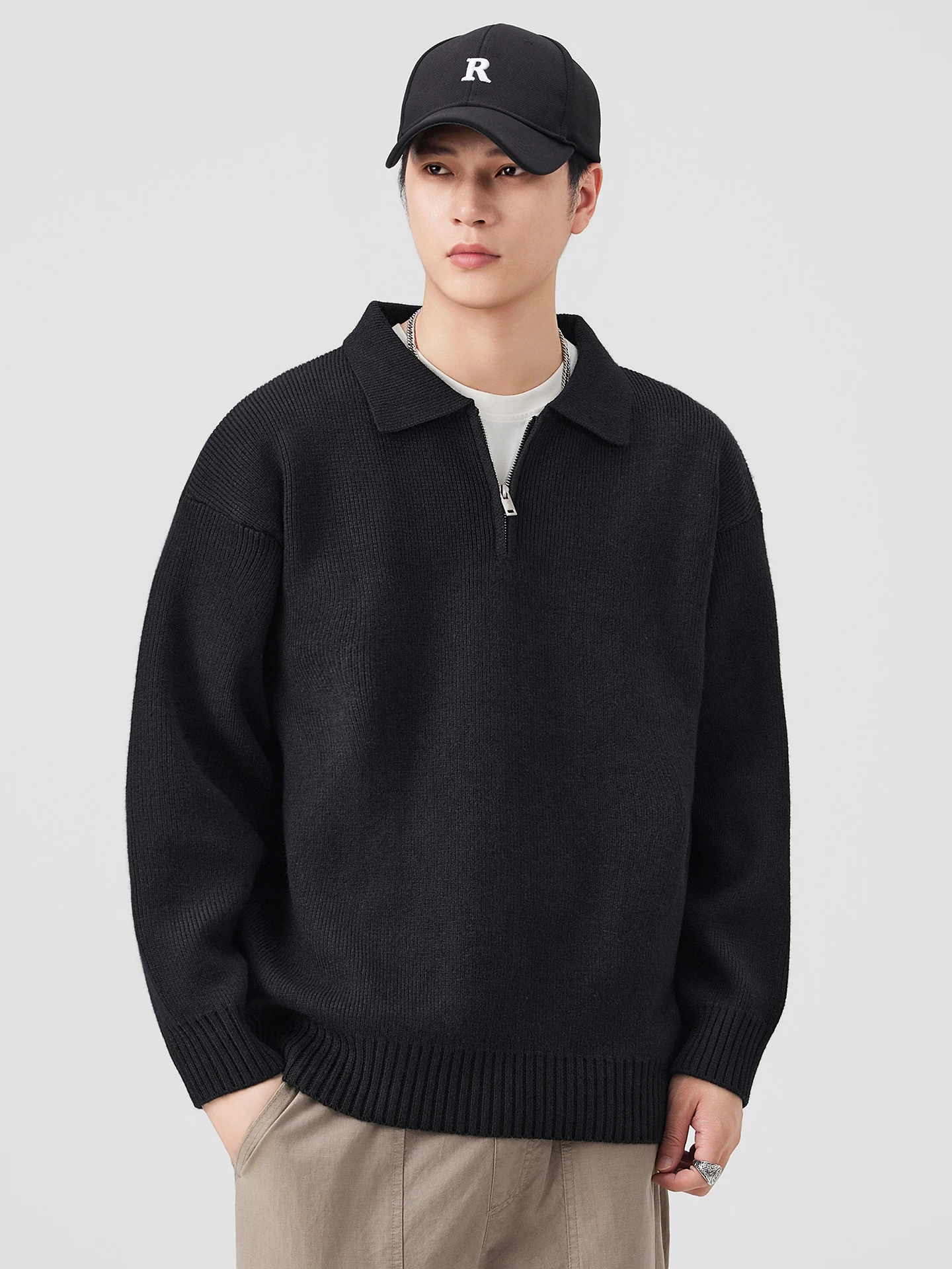DUKEEN 810G Heavyweight Half-Zip Men's Sweater Autumn and Winter Japanese Style Polo Collar Relaxed Fit Warm Knitwear