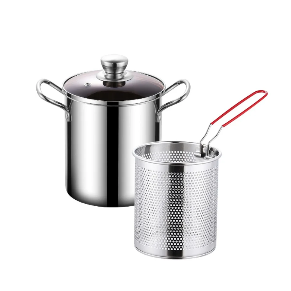 304 Stainless Steel Deep Frying Pot with Filter Basket Glass Lid Tempura Fryer Mini Rust-proof Soup Pot Induction Cook-top