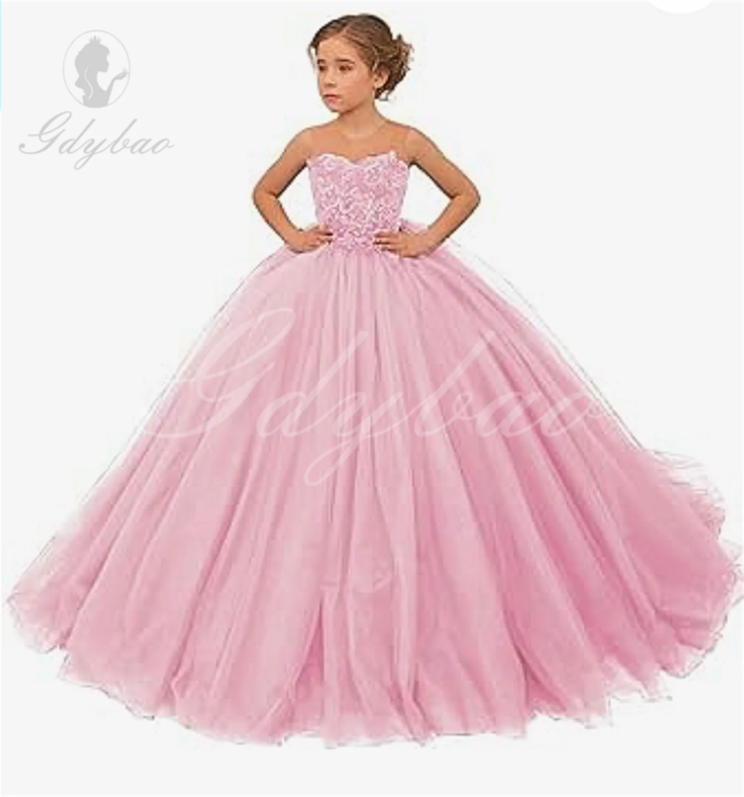 Kigretn Girl's Tulle Flower Girl Dress for Wedding Lace Applique Pageant Dresses Princess Party Ball Gowns