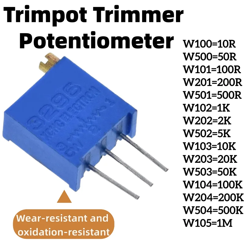 10pcs 3296W 3296 50 100 200 500 Ohm 1K 2K 5K 10K 20K 50K 100K 200K 500K 1M Ohm 103 100R 200R 500R Trimpot Trimmer Potentiometer