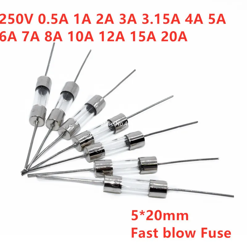 

20Pcs 5*20mm Straight pin Fast blow Glass fuse 5x20mm 250V 0.1A 0.5A 1A 2A 3A 3.15A 4A 5A 6A 8A 10A 12A 15A