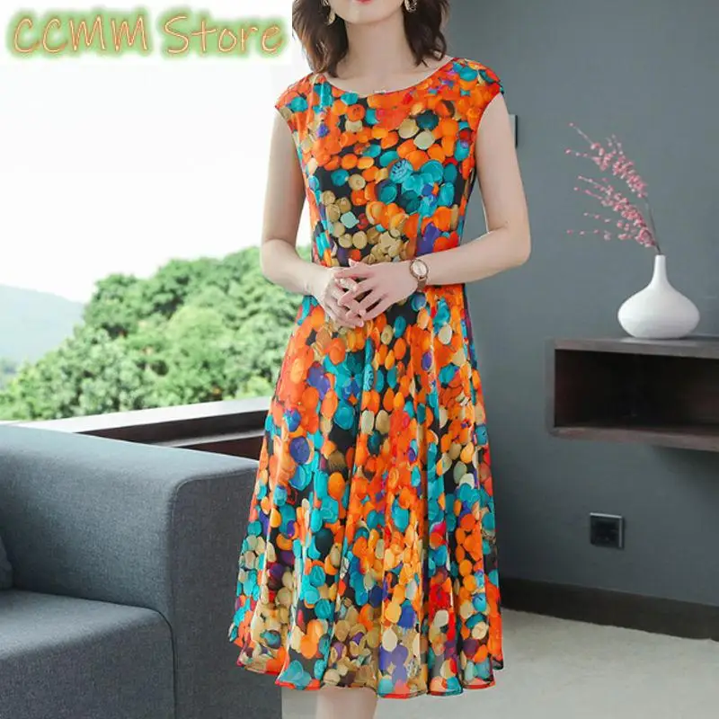 فستان ميدي شعبي بدون أكمام للتنقل ملابس نسائية كاجوال برقبة دائرية وخصر على شكل حرف a فساتين صيفية رفيعة مطبوعة عتيقة