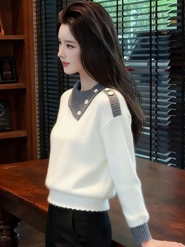 

Повседневный длинный вязаный свитер Sve с воротником из смесовой шерсти, модный женский топ премиум-класса для отдыха со старыми деньгами