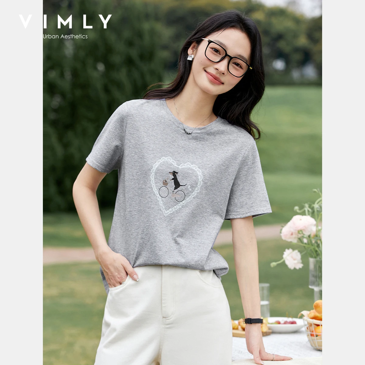 

VIMLY Flower Grey T-shirt Women's Summer 2025 Casual 100% Cotton Dachshund Printing Round Neck Woman Short Sleeve Tops A1711