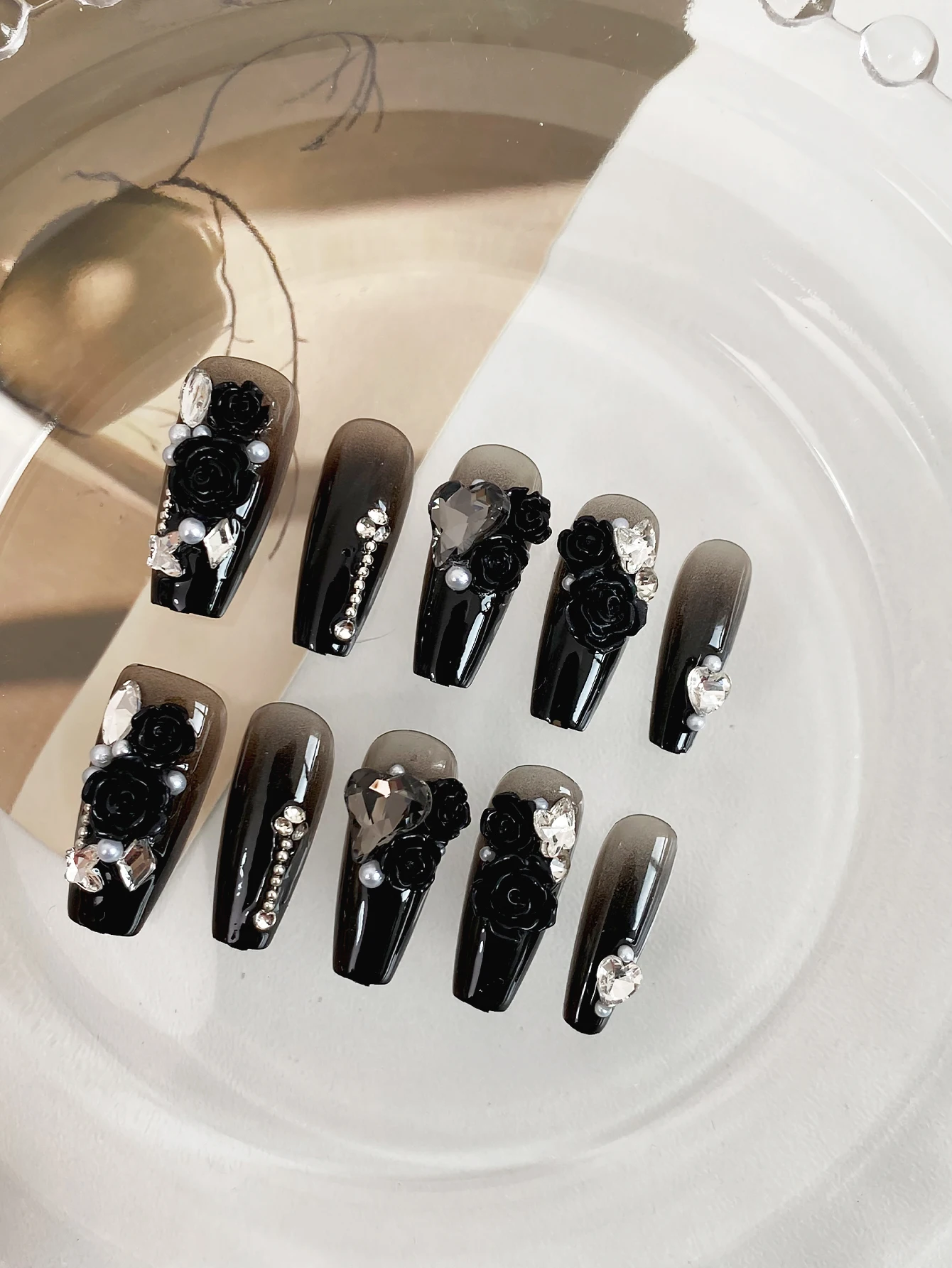 Gothic Black Coffin Press On Nails, Handcrafted Gradient False Nails with 3D Rose, Heart Rhinestones & Pearls for Women