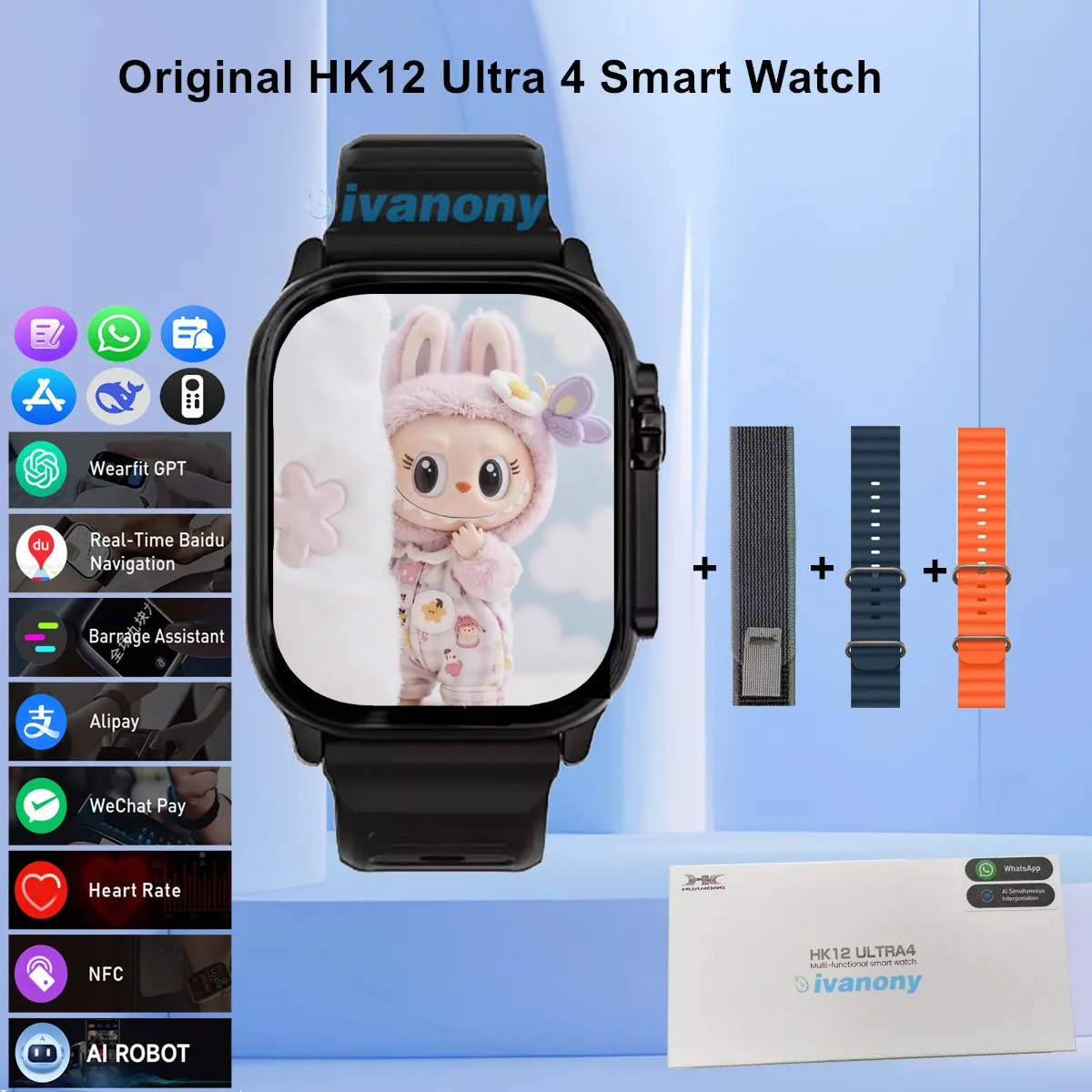 Global Version Smart Watch HK12 Ultra 4 2.02inch Amoled Screen Whatsapp Reply Wristwatch AI Robot Schedule Reminder Smartwatch