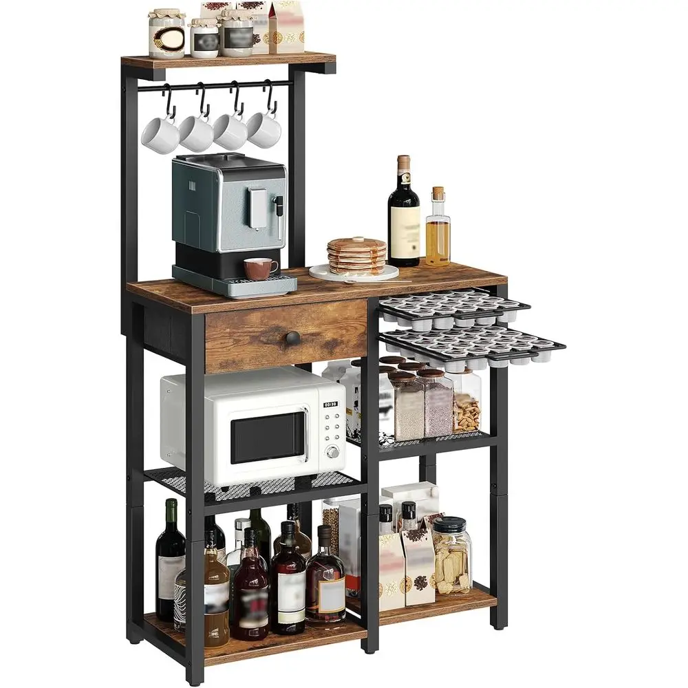 

5-Tier Storage Coffee Bar Station with Pod Drawer Holder, Rustic Brown