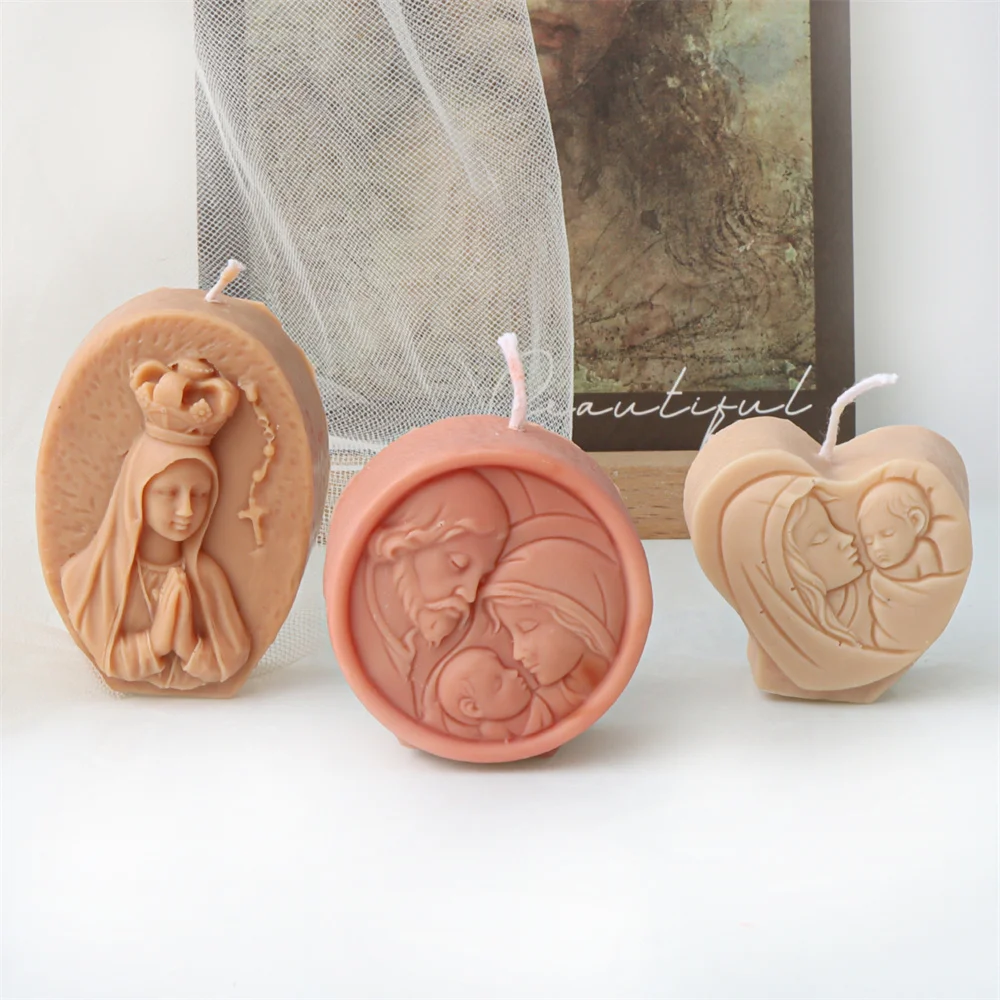 Mini Flat Virgin Jesus Holy Family Candle Silicone Mold Oval Round Heart-shaped Cross Sculpture Resin plaster Making Home Decor