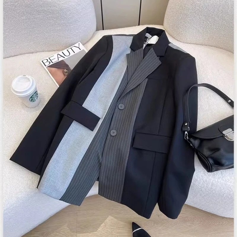 Loose Lapel Single-breasted Blazers Fashion Temperament Versatile Jacket for Women Autumn Grey Color-blocking Design Blazers