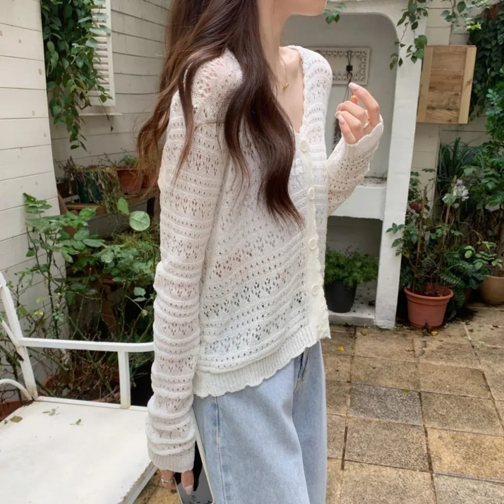 

New Hollow Out Knitted Cardigan V-Neck Thin Sun-Proof Tops Long Sleeve Casual Outwear Women