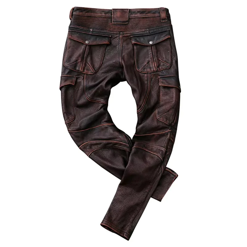 Red Brown Winter Leather Trousers Men Vintage Style Plus Size 4XL Genuine Natural Cowhide Can Add Protection Device Pant