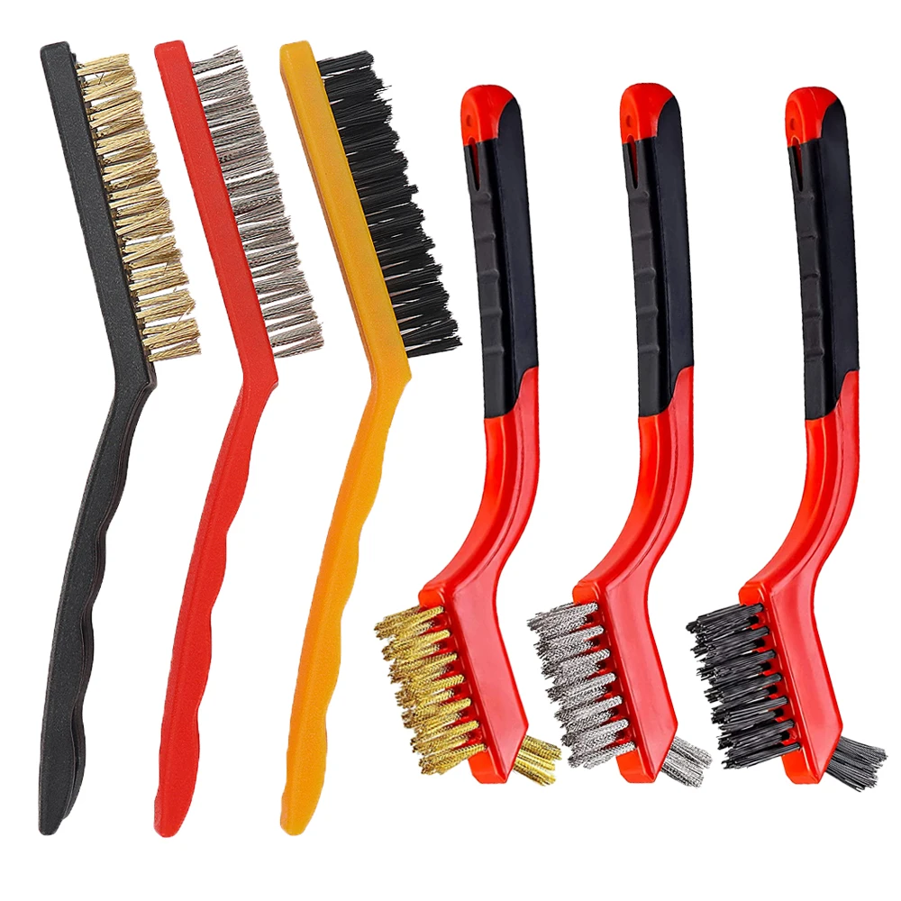 SI FANG 7/9inch Stainless Steel Wire Brush Metal Brass Nylon Curved Handle Rust Removal for Hard-to-Reach Areas Cleaning Tool