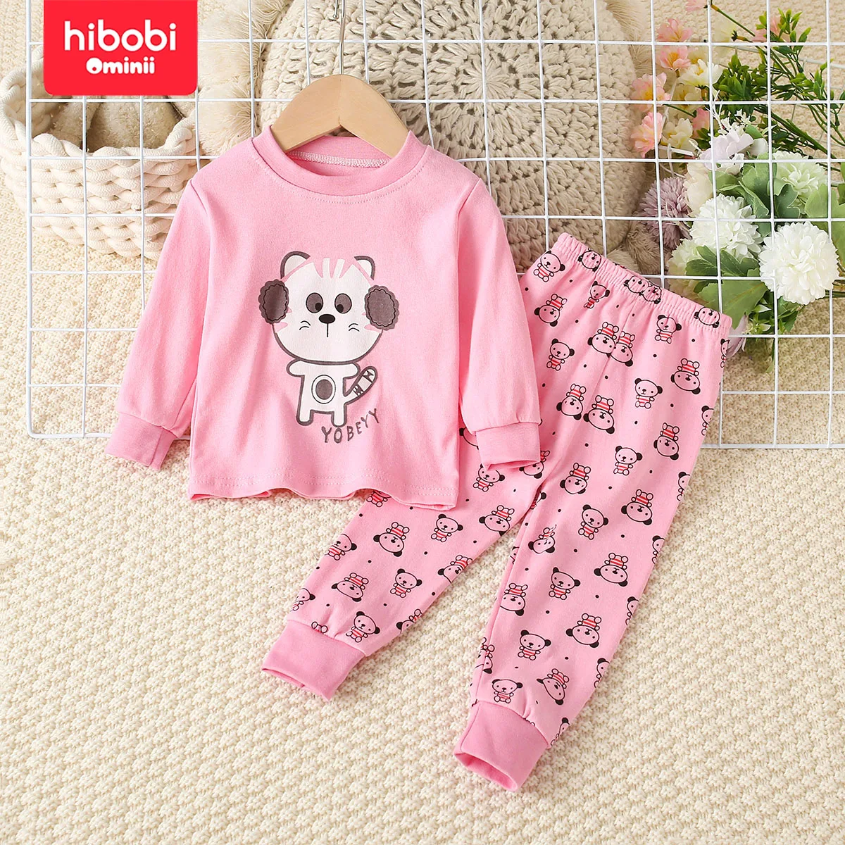 hibobi 2-Piece 100% Cotton Children\'s Autumn And Winter Round Neck Warm Home Clothes Set Cute Cat Pajamas And Pajama Pants Set